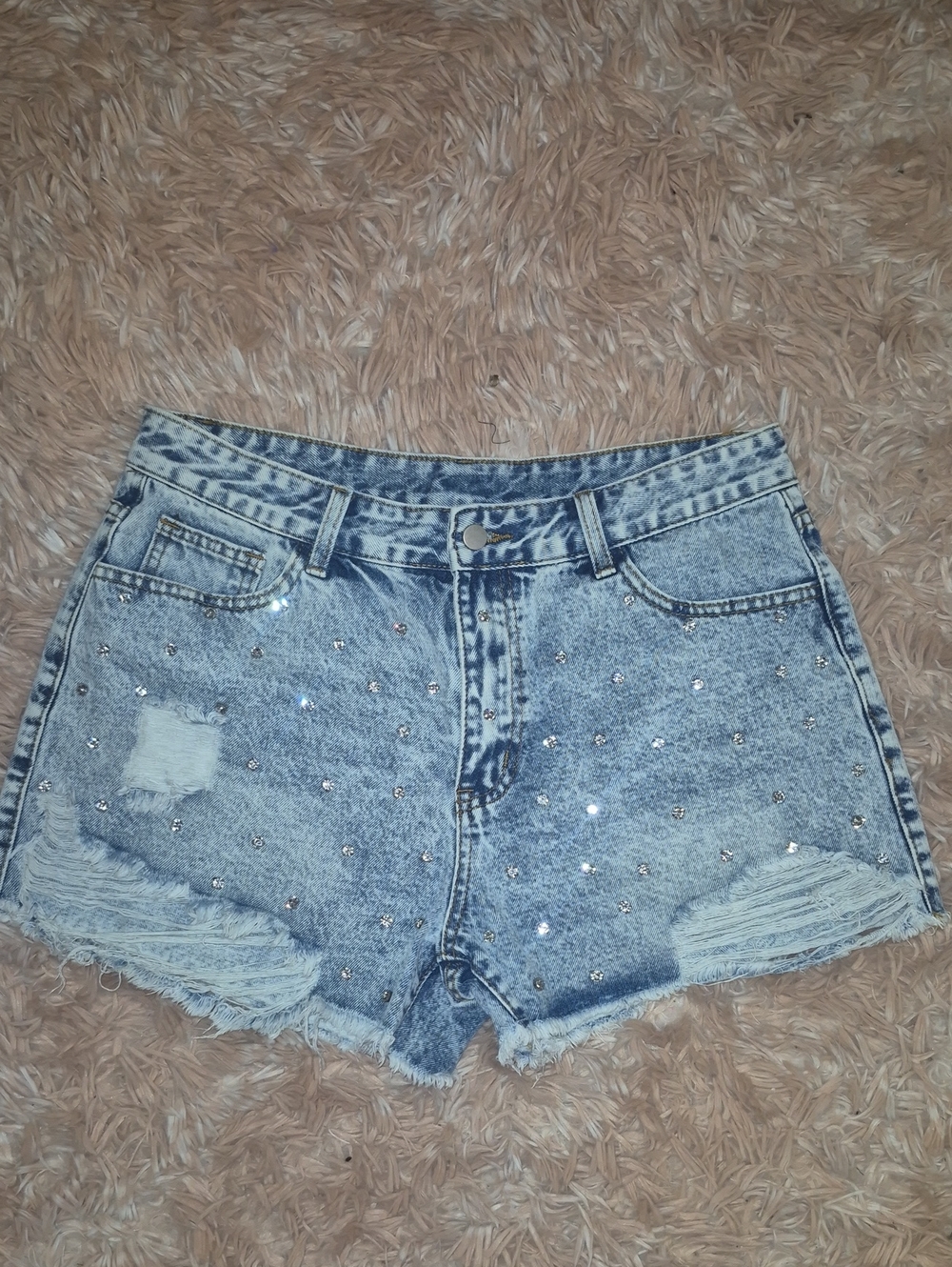 Light Blue Distressed Rhinestone Denim Shorts -  Women